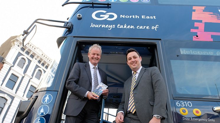 Kevin Carr (left)  shows Tees Valley Mayor Ben Houchen the new X9/X10 bus
