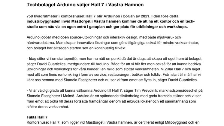 Techbolaget Arduino väljer Hall 7 i Västra Hamnen 