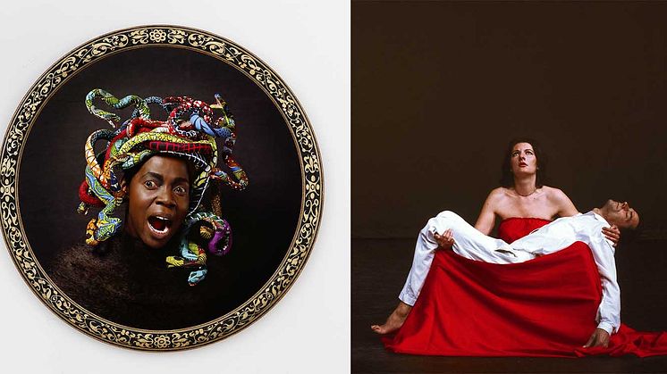 Yinka Shonibare, Medusa Väst, 2015. © Yinka Shonibare CBE. Courtesy James Cohan, New York. Marina Abramović/Ulay, Anima Mundi (Pieta), 1983/2002. © Marina Abramović and Ulay. Courtesy the Marina Abramović Archives and Lia Rumma Gallery, Milan/Naples.