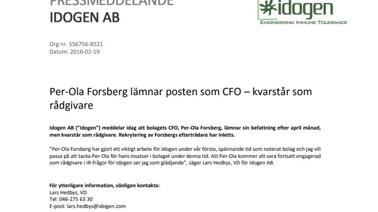 Per-Ola Forsberg lämnar posten som CFO – kvarstår som rådgivare