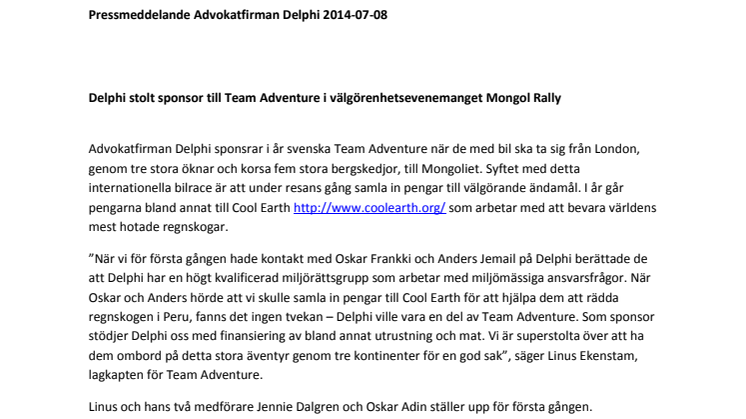 Delphi stolt sponsor till Team Adventure i välgörenhetsevenemanget Mongol Rally