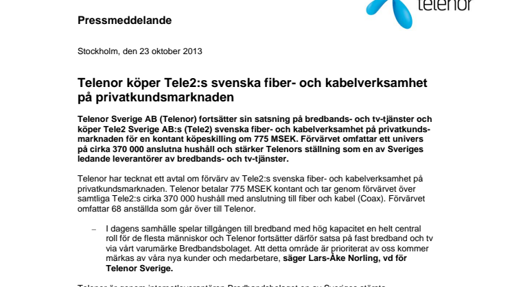 Telenor köper Tele2:s svenska fiber- och kabelverksamhet på privatkundsmarknaden