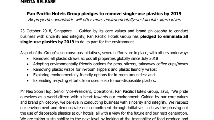 Pan Pacific Hotels Group pledges to remove single-use plastics by 2019