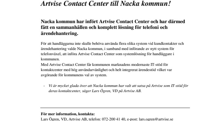 Artvise Contact Center till Nacka kommun!