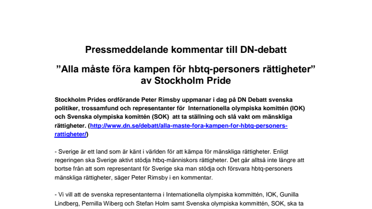 Pressmeddelande kommentar till DN-debatt ”Alla måste föra kampen för hbtq-personers rättigheter” av Stockholm Pride