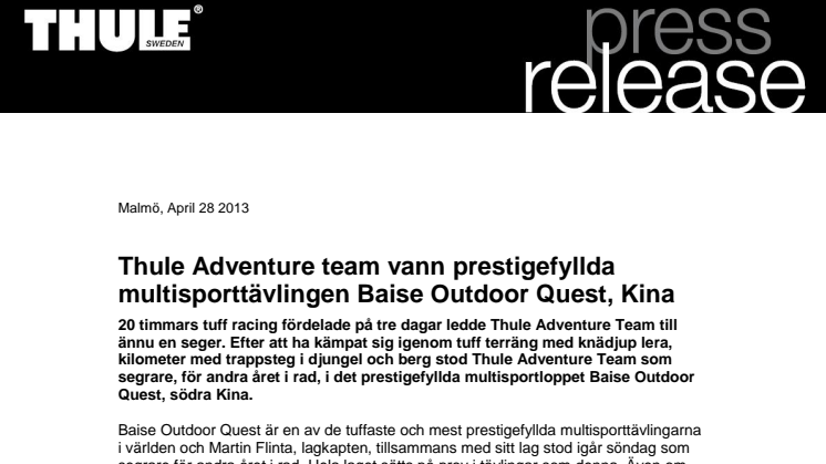 Thule Adventure team vann prestigefyllda multisporttävlingen Baise Outdoor Quest, Kina