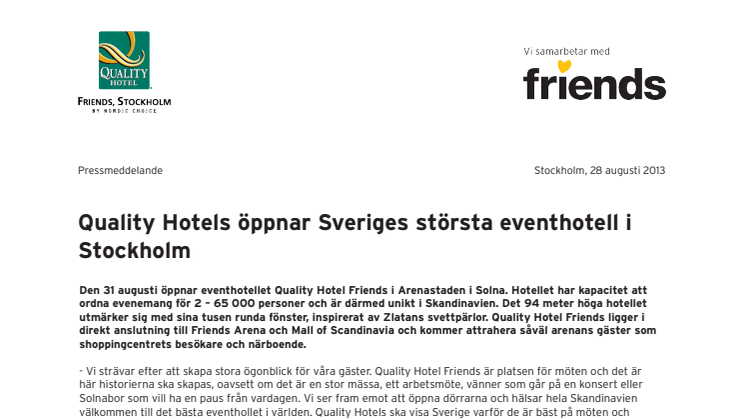 Quality Hotels öppnar Sveriges största eventhotell i Stockholm