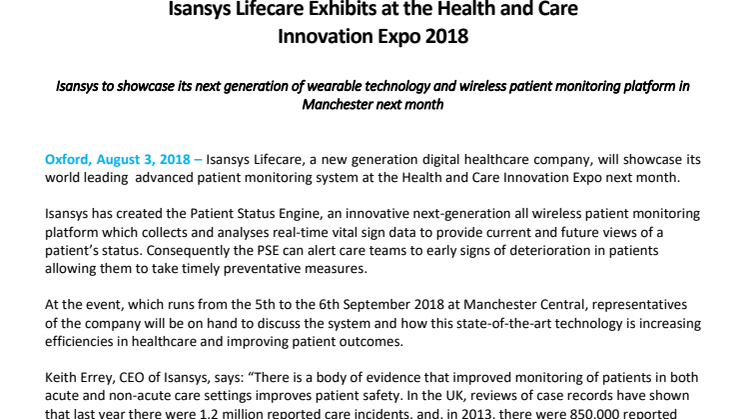 Isansys Lifecare Exhibits at the Health and Care  Innovation Expo 2018