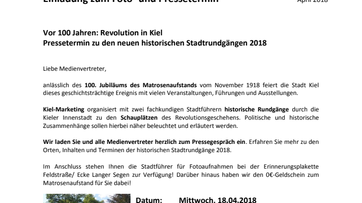 Einladung zum Pressetermin: Matrosenaufstand in Kiel - Stadtführungen und Souvenir