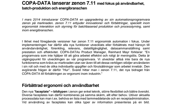 COPA-DATA lanserar zenon 7.11 med fokus på användbarhet, batch-produktion och energibranschen
