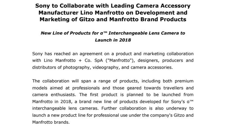 Sony to Collaborate with Leading Camera Accessory Manufacturer Lino Manfrotto on Development and Marketing of Gitzo and Manfrotto Brand Products