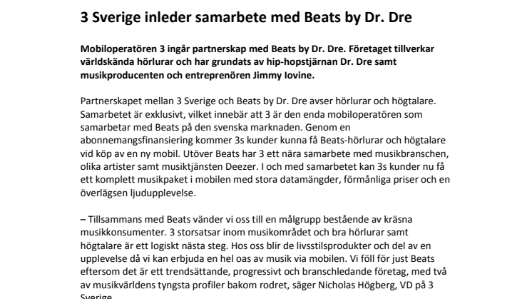 3 Sverige inleder samarbete med Beats by Dr. Dre