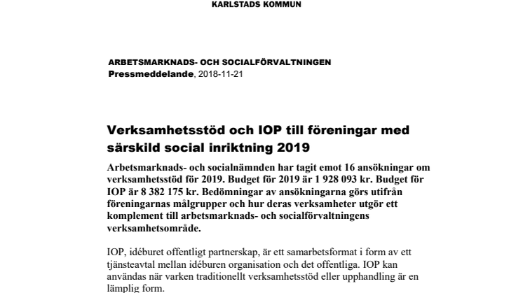 Verksamhetsstöd och IOP till föreningar med särskild social inriktning 2019