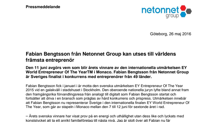 Fabian Bengtsson från Netonnet Group kan utses till världens främsta entreprenör