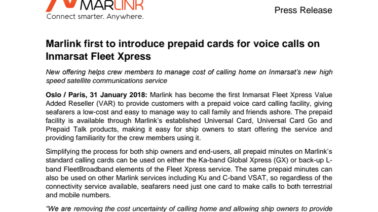 Marlink: Marlink first to introduce prepaid cards for voice calls on Inmarsat Fleet Xpress