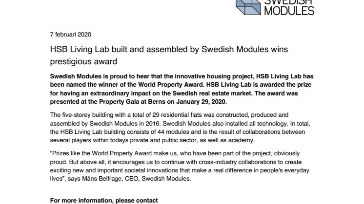 HSB Living Lab built and assembled by Swedish Modules wins prestigious award