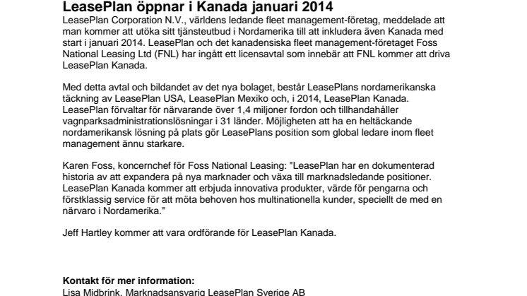 LeasePlan öppnar i Kanada januari 2014