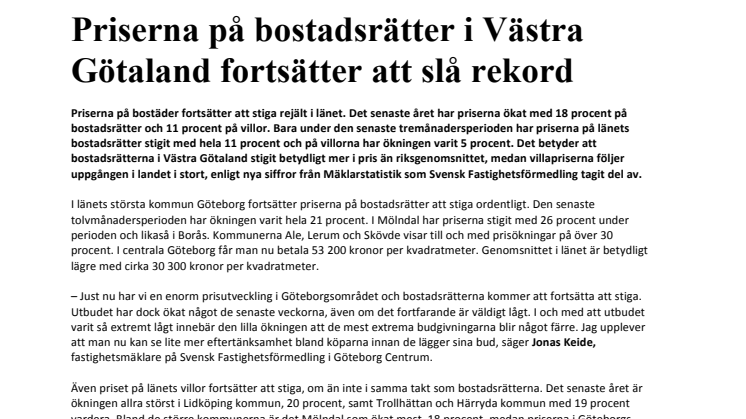 Priserna på bostadsrätter i Västra Götaland fortsätter att slå rekord