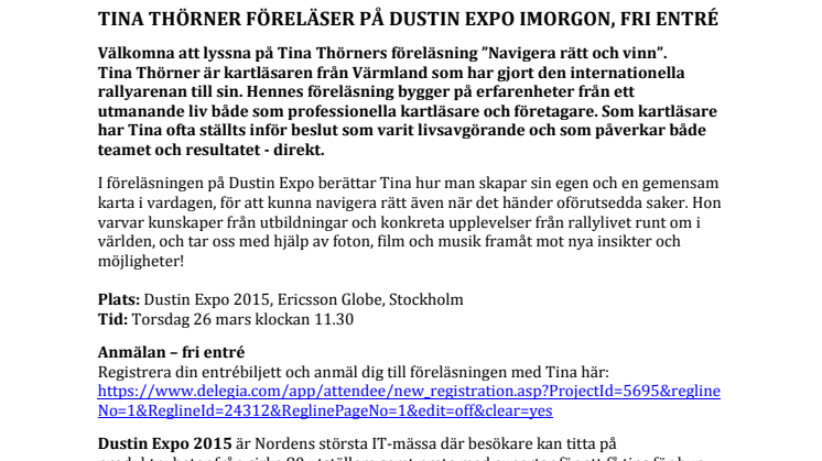Tina Thörner föreläser på Dustin Expo imorgon. Fri entré. 