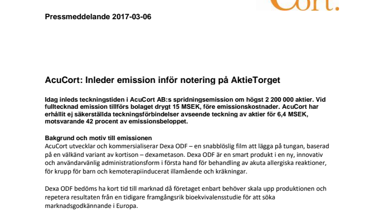 AcuCort: Inleder emission inför notering på AktieTorget