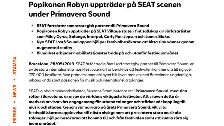 Popikonen Robyn uppträder på SEAT scenen under Primavera Sound