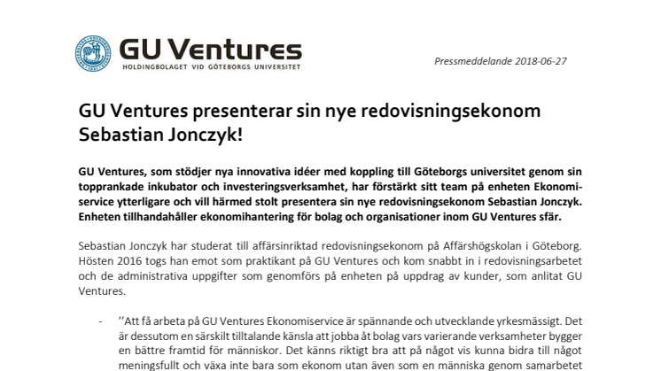 GU Ventures presenterar sin nye redovisningsekonom Sebastian Jonczyk!