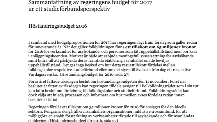Sammanfattning av regeringens budget för 2017