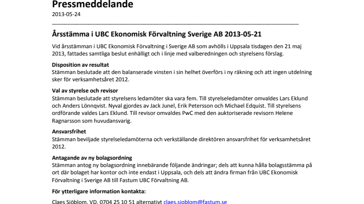 Årsstämma i UBC Ekonomisk Förvaltning Sverige AB 2013-05-21