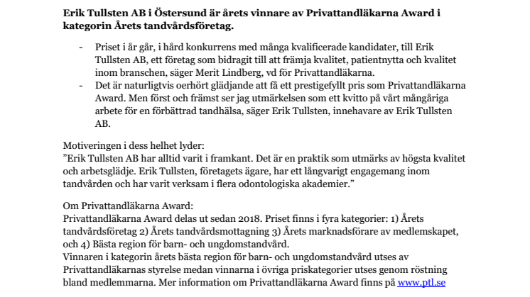 Erik Tullsten AB är Årets tandvårdsföretag