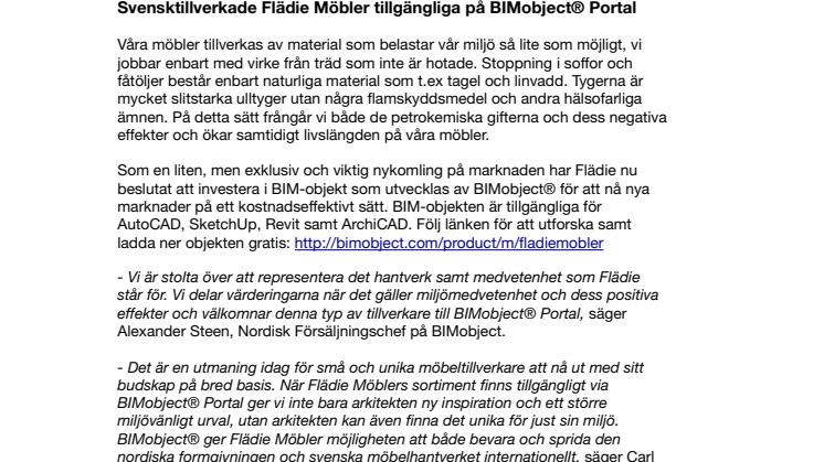 Svensktillverkade Flädie Möbler tillgängliga på BIMobject® Portal