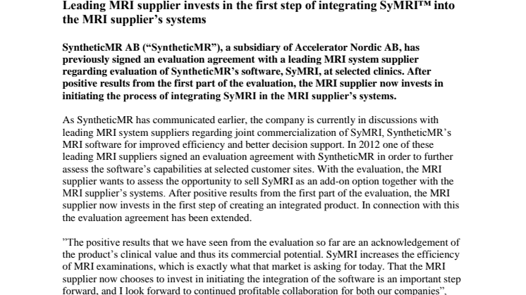 Leading MRI supplier invests in the first step of integrating SyMRI™ into the MRI supplier’s systems