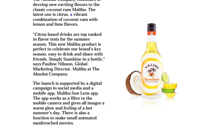 The Absolut Company introduces: Malibu Sunshine – the essence of summer captured in a bottle