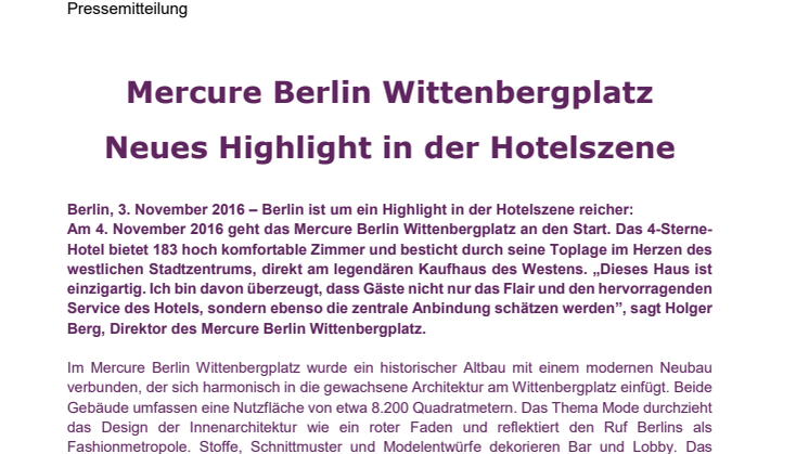 ​Mercure Berlin Wittenbergplatz: Neues Highlight in der Hotelszene