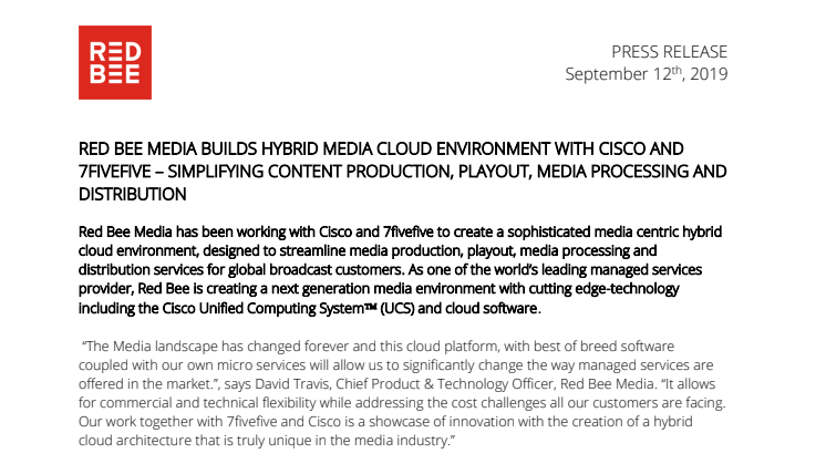 Red Bee Media Builds Hybrid Media Cloud Environment with CISCO and 7FiveFive - Simplifying Content Production, Playout, Media Processing and Distribution