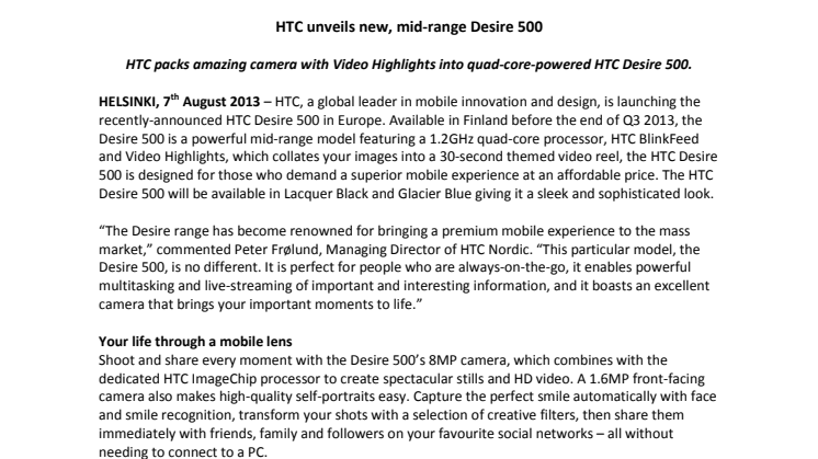 HTC unveils new, mid-range Desire 500