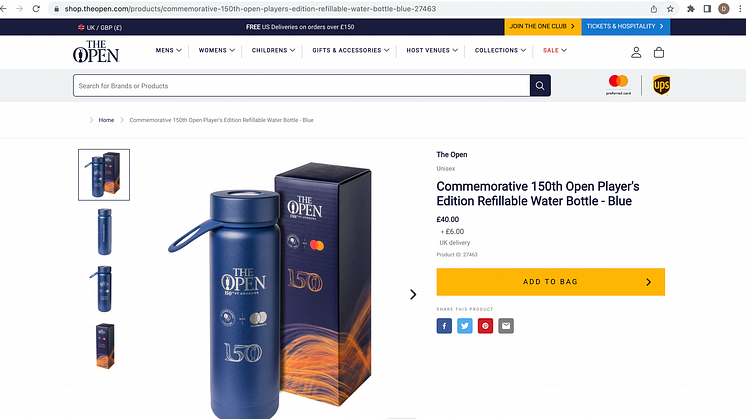 Golf fans can now buy their bespoke, 150th the Open Limited Edition sustainable Bluewater bottles at The Open online webshop