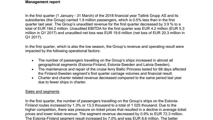 AS Tallink Grupp Unaudited Consolidated Interim Report Q1 2018