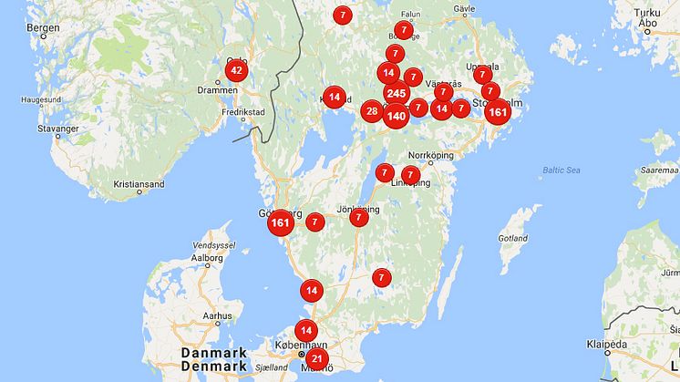 Den geografiska spridningen av de tusen senaste visningarna på Nätverket Lindekulturs nyhetskanal.