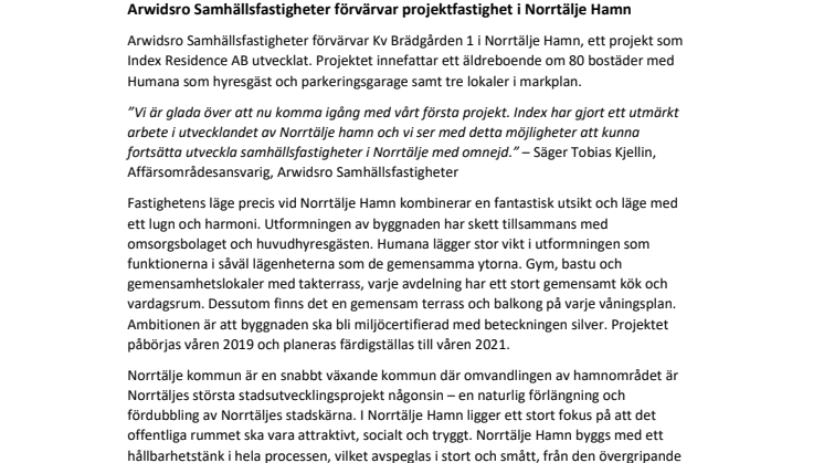 Arwidsro Samhällsfastigheter förvärvar projektfastighet i Norrtälje Hamn