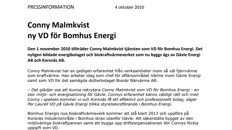 Conny Malmkvist ny VD för Bomhus Energi.