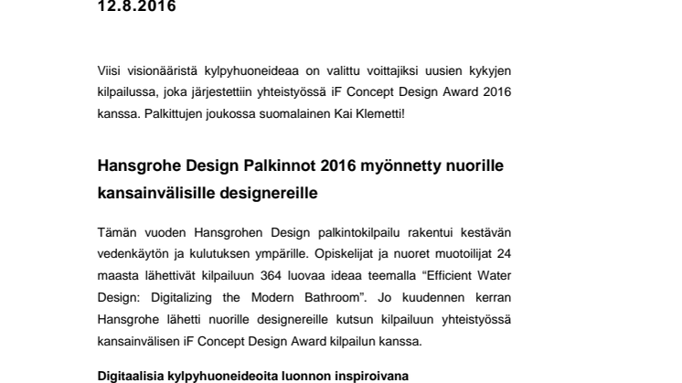 Hansgrohe Design Palkinnot 2016 myönnetty nuorille kansainvälisille designereille