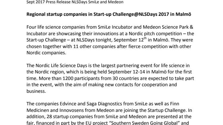 Regional startup companies in Start-up Challenge@NLSDays 2017 in Malmö