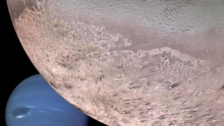 Montage av Neptuns och Triton som IRF kan få möjligheten att utforska. Credit: NASA/JPL/USGS