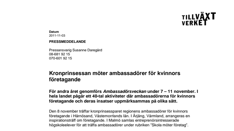 Kronprinsessan möter ambassadörer för kvinnors företagande