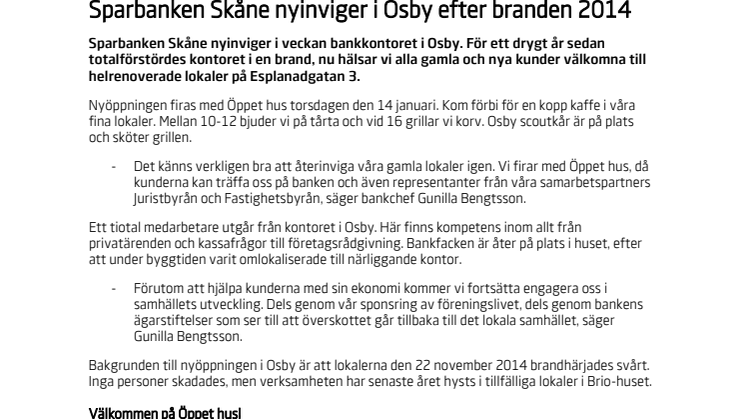 Sparbanken Skåne nyinviger i Osby efter branden 2014