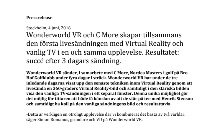 Wonderworld VR sänder unik virtual reality ihop med C More