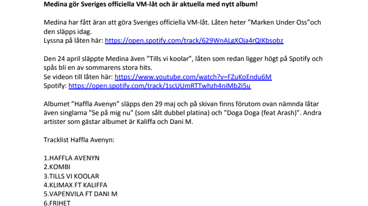 Medina gör Sveriges officiella VM-låt och är aktuella med nytt album!