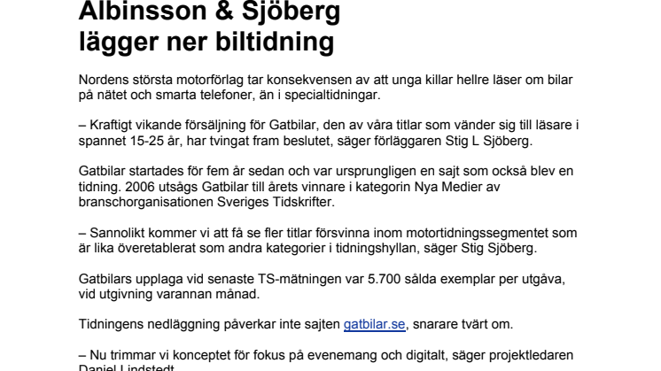 Albinsson & Sjöberg lägger ner biltidning