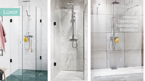 Vår mest exklusiva duschvägg, en vertikal handdukstork och en LED-spegel för dagsljus 