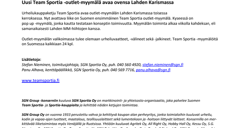 Uusi Team Sportia -outlet-myymälä avaa ovensa Lahden Karismassa